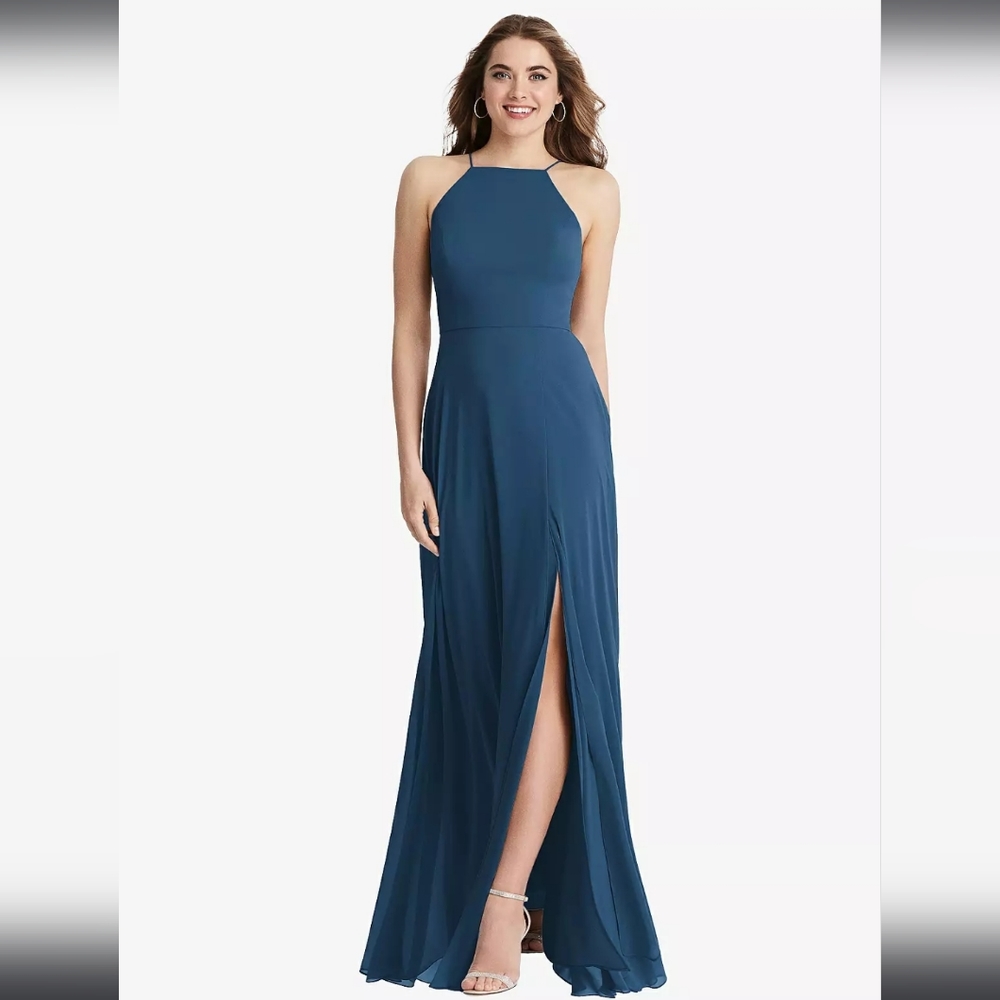 Lovely High-Neck Chiffon Maxi Dress With Front Slit Lela In Dusk Blue LB…